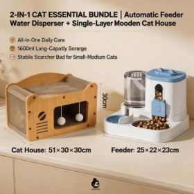Cat Furniture Combo Set, 3 Style Multi Size Wooden Cat Scratcher House And 2 In One Blue White Automatic Feeder Water Dispenser 1600ml Food 800ml (Option: S FAD BLUE MD TV)