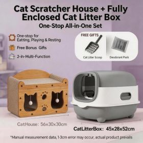 Cat Furniture Bundle, Multi Style Wooden Cat Scratcher House Fully Enclosed Odor Control Cat Litter Box, 2 In One Toilet Play Rest Combo With Fre (Option: E catlittlebox gray MD CAT1)