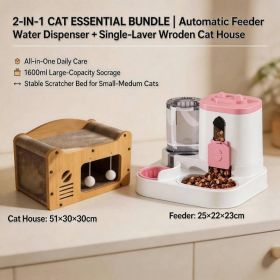 Cat Furniture Combo Set, 3 Style Multi Size Wooden Cat Scratcher House And 2 In One Pink White Automatic Feeder Water Dispenser 1600ml Food 800ml (Option: S FAD BLUE MD TV)